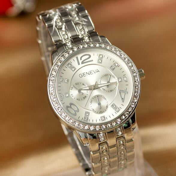 Ceas de dama Geneva Christal OMS Silver Gold metalic