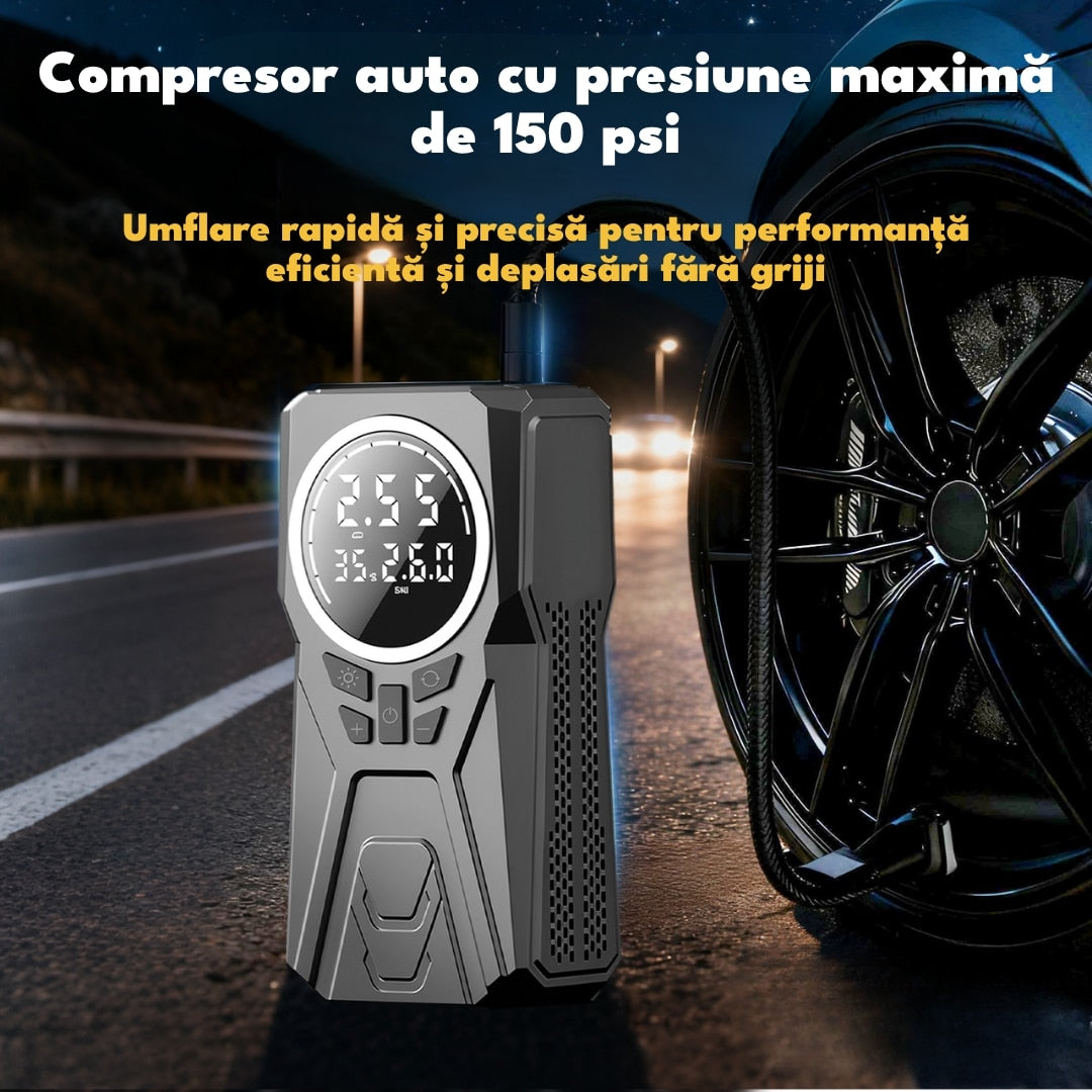 Robot de Pornire Auto 12V cu Compresor 150 PSI, 3000A, 8000 mAh, Powerbank și Lanternă