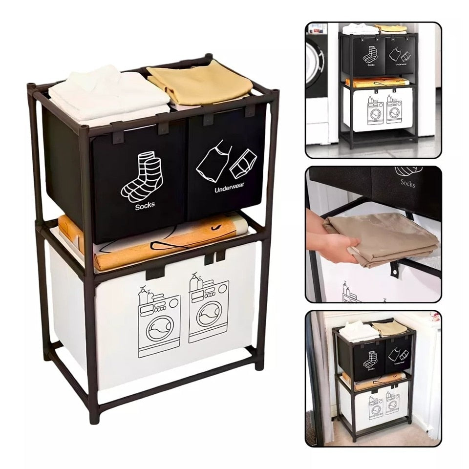 Organizator pentru Rufe Murdare cu 3 Coșuri și 2 Rafturi, Cadru din Inox, Negru
