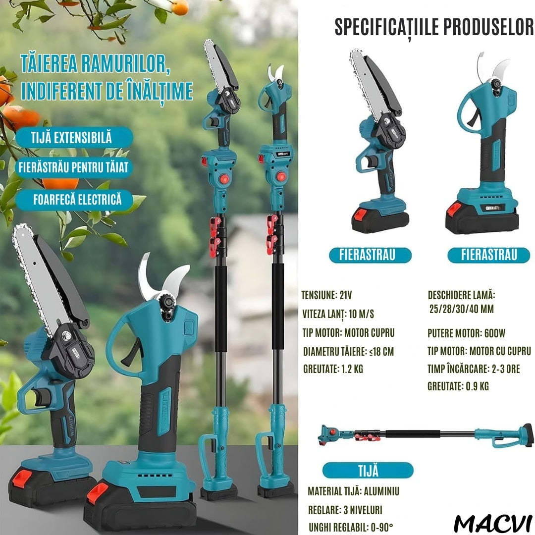 Set Foarfecă Electrică și Mini Drujbă cu Braț Telescopic 195 cm, Acumulator 21V
