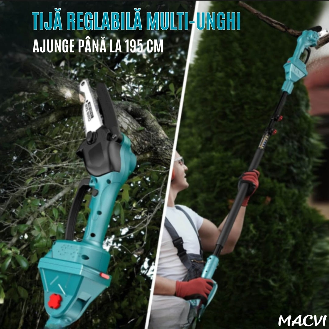 Set Foarfecă Electrică și Mini Drujbă cu Braț Telescopic 195 cm, Acumulator 21V