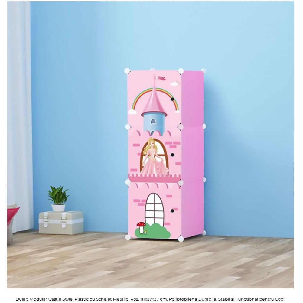 Dulap Modular pentru Copii Model Castel, Roz, 3 Compartimente, Cadru din Oțel, 111 x 37 x 37 cm