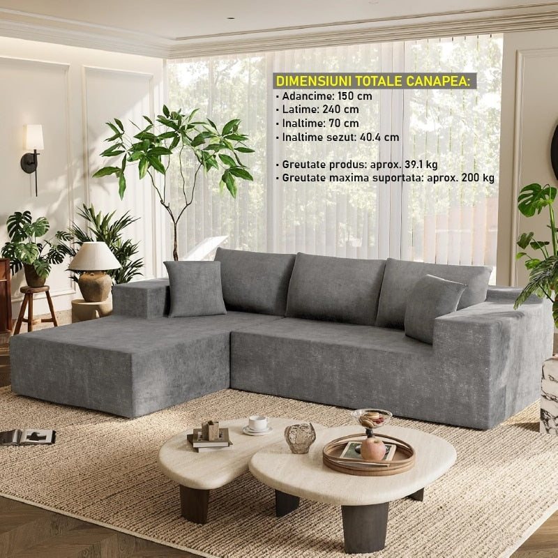 Canapea Colțar în L cu 4 Perne Decorative, Fără Asamblare, 240 x 150 x 70 cm, Gri