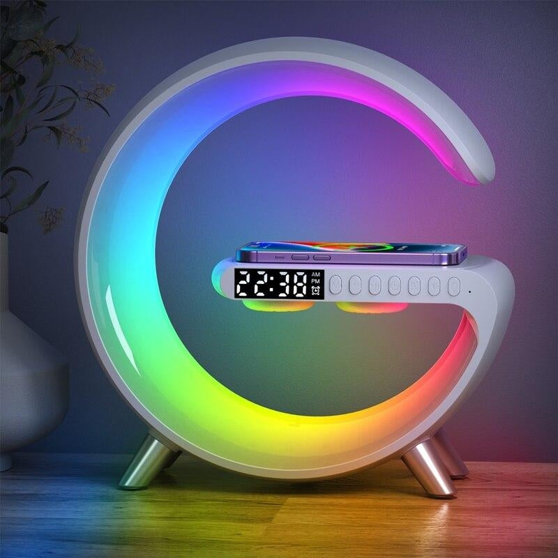 Stație de Încărcare Wireless 15W cu Boxă Bluetooth, Radio FM și Lumină RGB