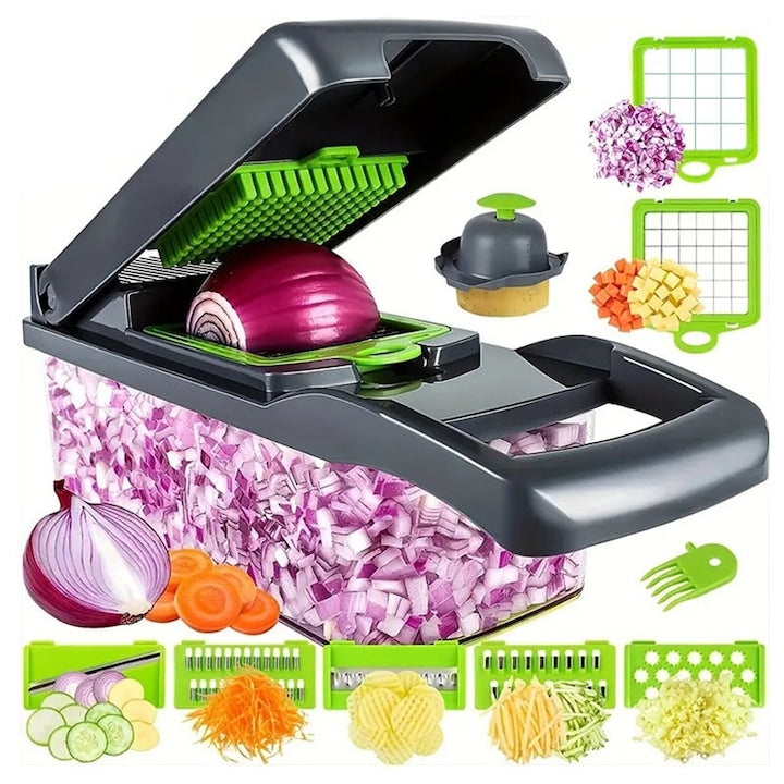 Tocător Manual de Legume cu 7 Lame Interschimbabile și Recipient, Feliator și Răzătoare
