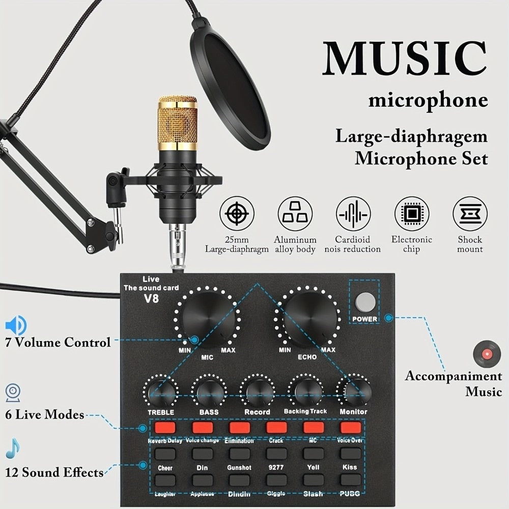 Microfon Profesional de Studio cu Condensator MR™ – BM800 + Placă de Sunet V8