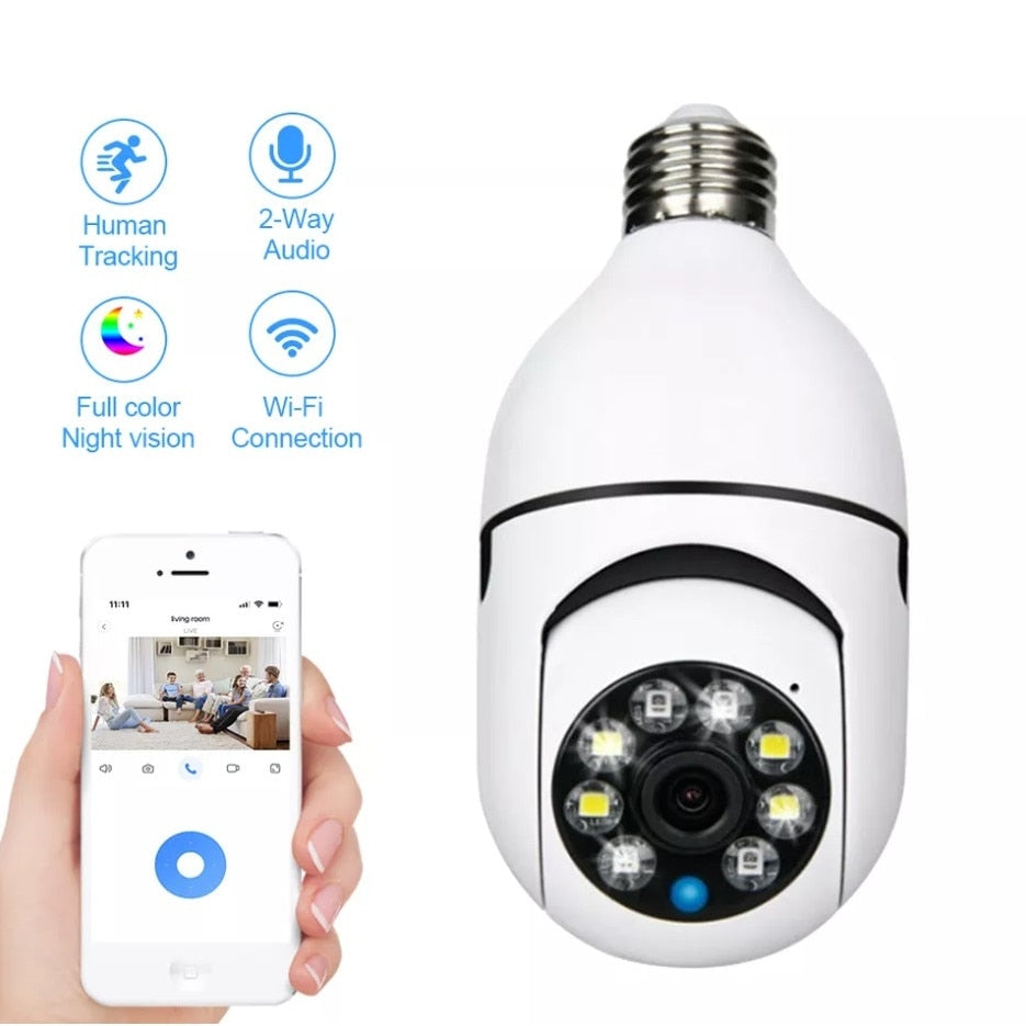 Cameră de Supraveghere Tip Bec E27, Wi-Fi 3MP, Rotire 360°, Vedere Nocturnă și Senzor de Mișcare
