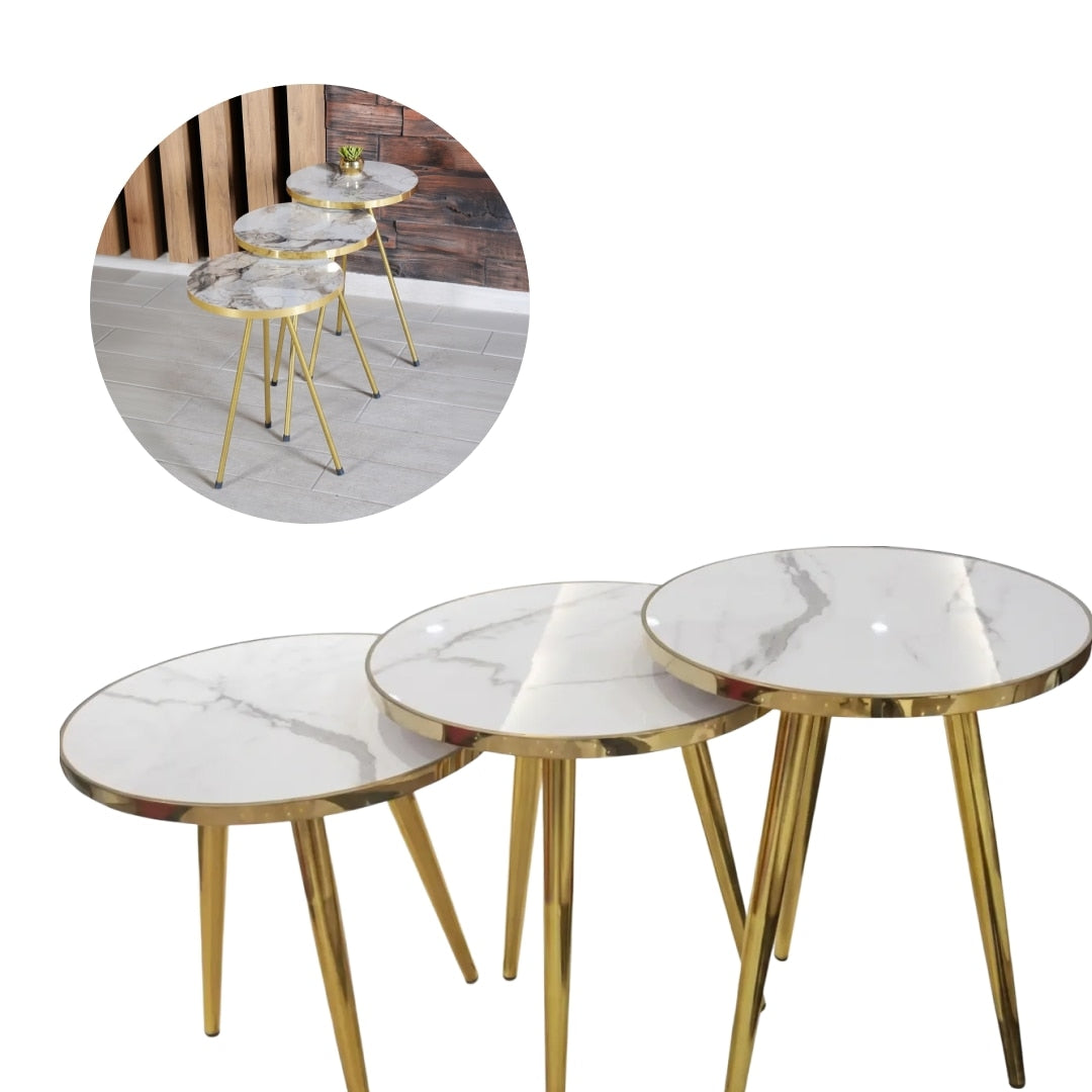 Set 3 Măsuțe de Cafea Rotunde Nesting, Blat cu Efect de Marmură Albă, Cadru Metalic Auriu