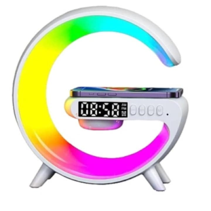 Stație de Încărcare Wireless 15W cu Boxă Bluetooth, Radio FM și Lumină RGB