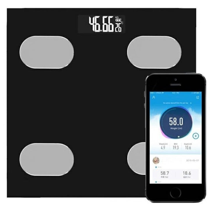 Cântar Electronic Bluetooth cu Aplicație, până la 180 kg, Design Slim, Negru