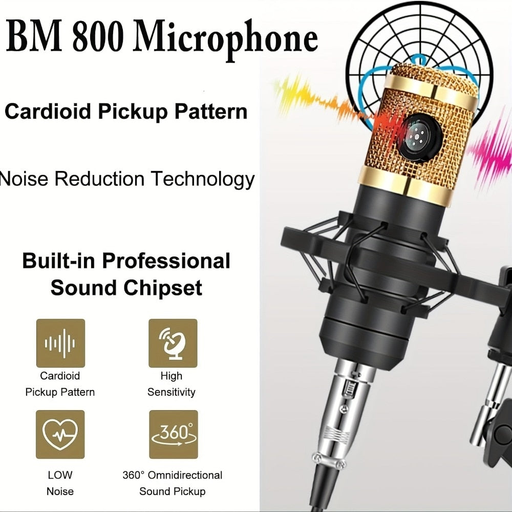 Microfon Profesional de Studio cu Condensator MR™ – BM800 + Placă de Sunet V8