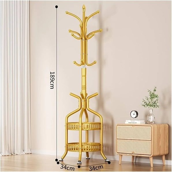 Cuier de Podea Auriu cu Agățători Multiple și 2 Rafturi, Design Vertical Compact