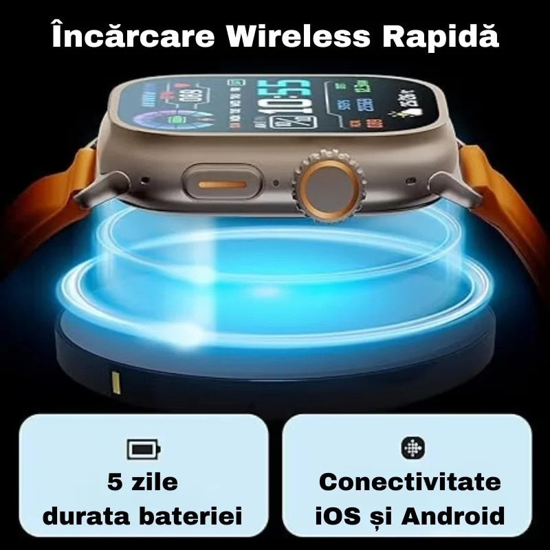 Ceas inteligent 2.1" – apel Bluetooth, monitorizare sănătate, încărcare wireless