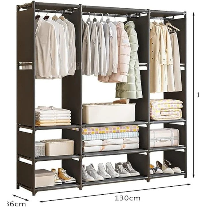 Dulap Textil pentru Haine cu Rafturi și Bară, Structură Metalică, Husă Impermeabilă, 130 x 36 x 170 cm