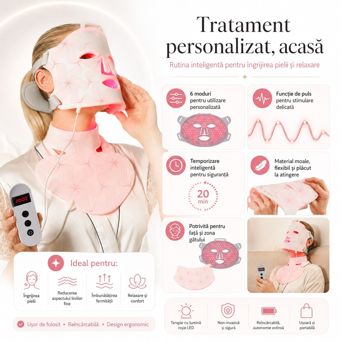 Mască LED pentru Față și Gât cu Lumină Roșie, 6 Moduri, din Silicon Flexibil, Reîncărcabilă