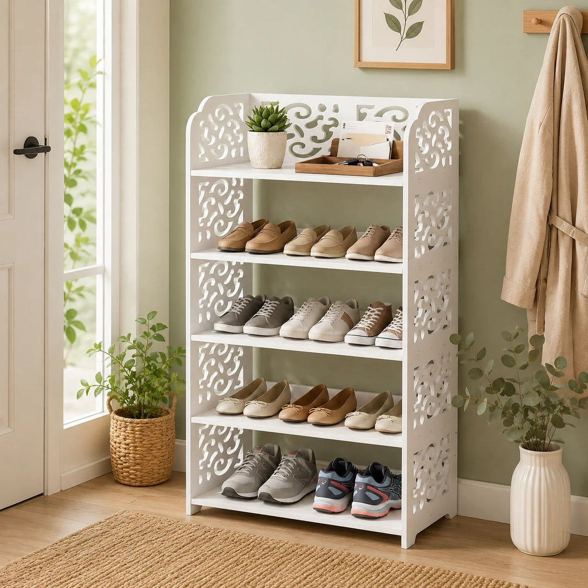 Pantofar din Lemn cu 5 Rafturi, Alb, 90 x 24 x 62 cm