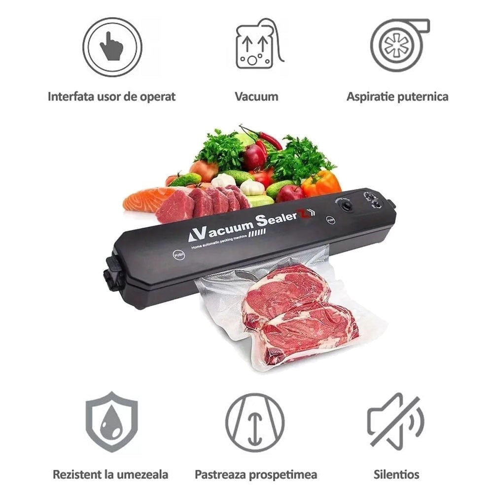 Aparat de Vidat Alimente cu Sigilare, 8 Pungi Incluse, Negru