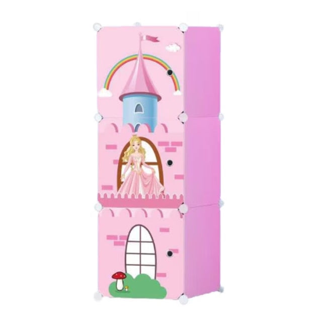 Dulap Modular pentru Copii Model Castel, Roz, 3 Compartimente, Cadru din Oțel, 111 x 37 x 37 cm
