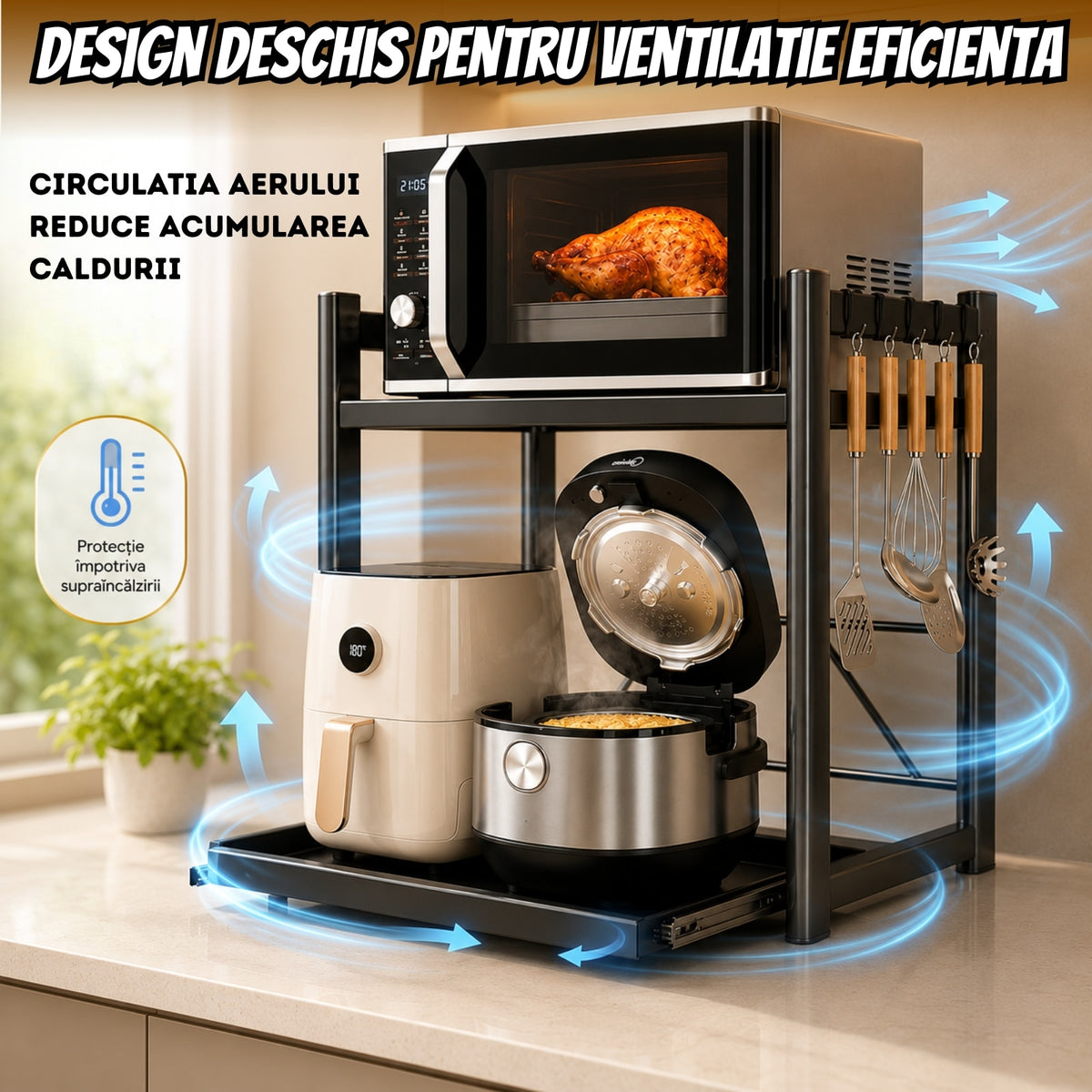Raft Metalic pentru Cuptorul cu Microunde, Reglabil pe Înălțime, 2 Niveluri, Poliță Culisantă și 6 Cârlige