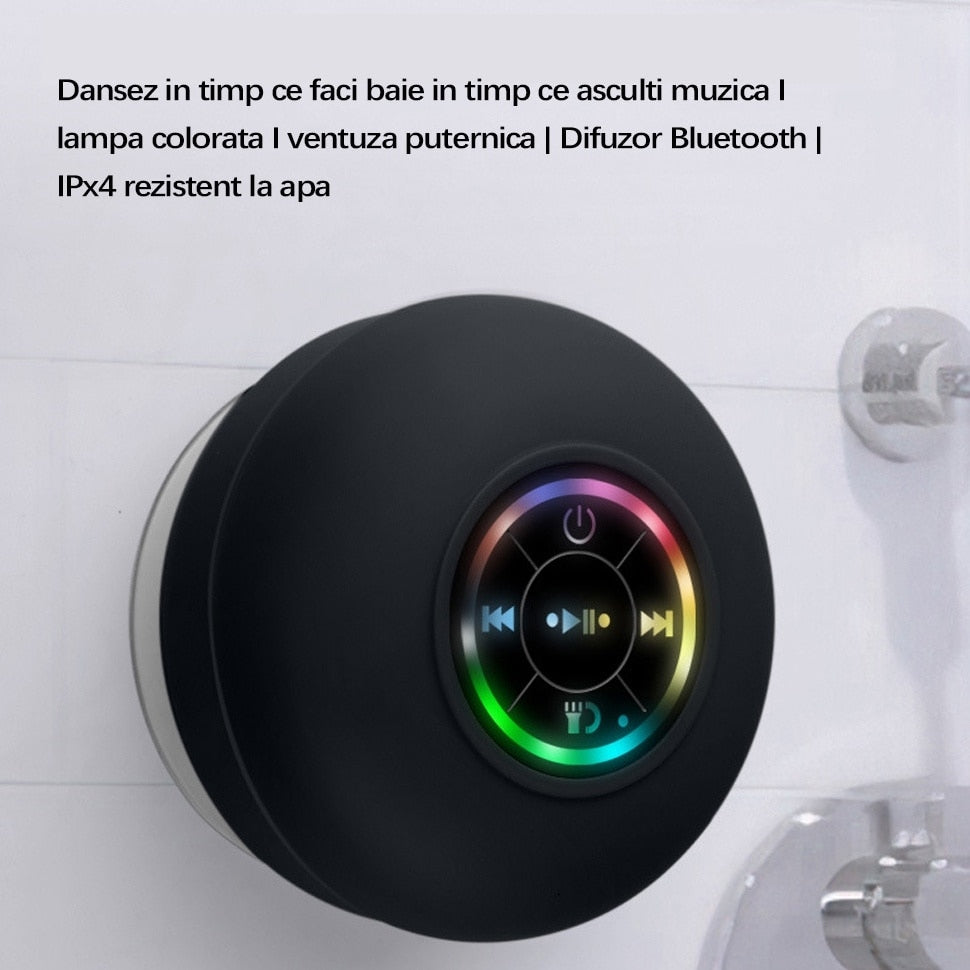 Boxă Bluetooth cu Ventuză și Lumini RGB, Rezistentă la Stropi IPX4, cu Microfon