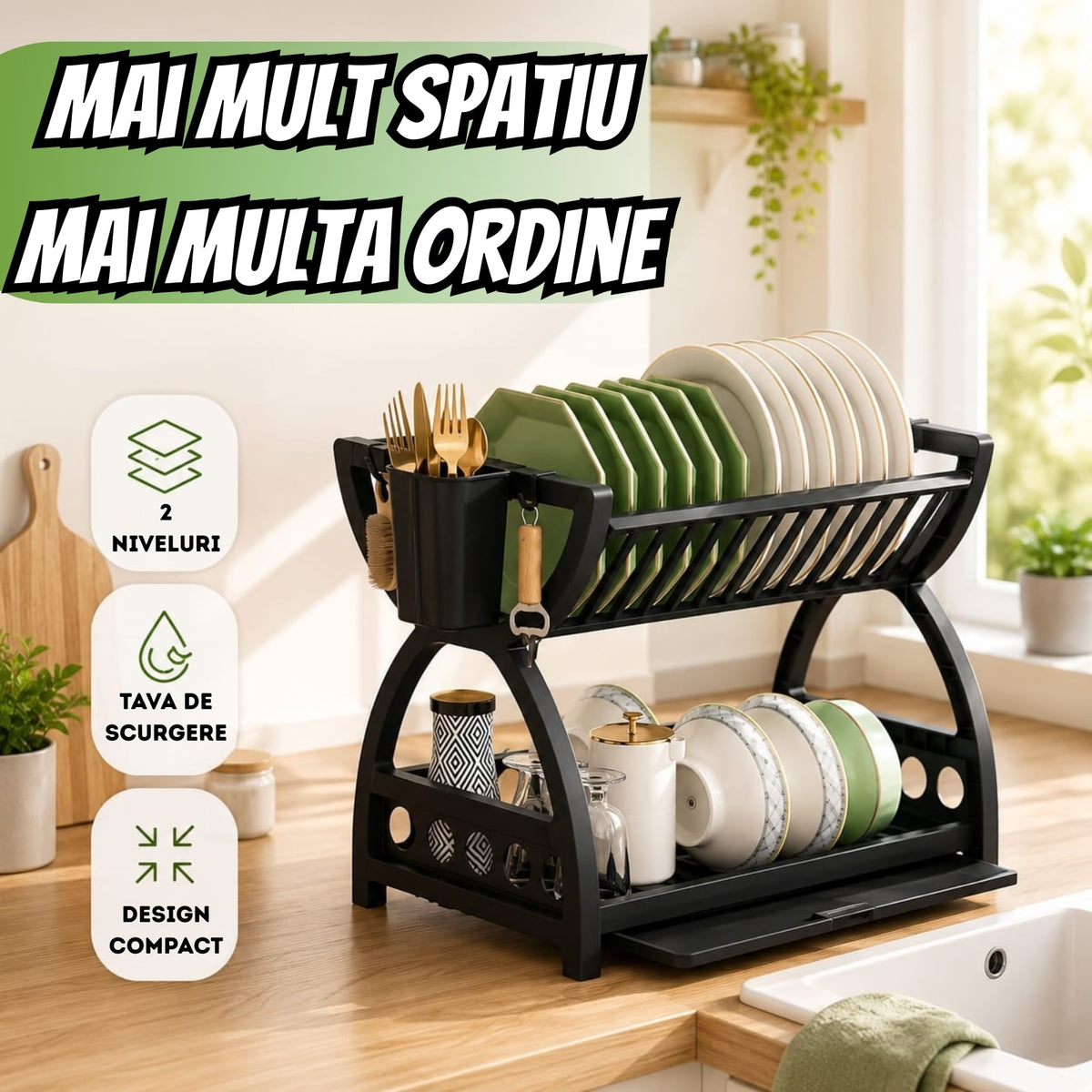 Scurgător de Vase cu 2 Niveluri, Tavă, Suport Tacâmuri și 4 Cârlige, Negru