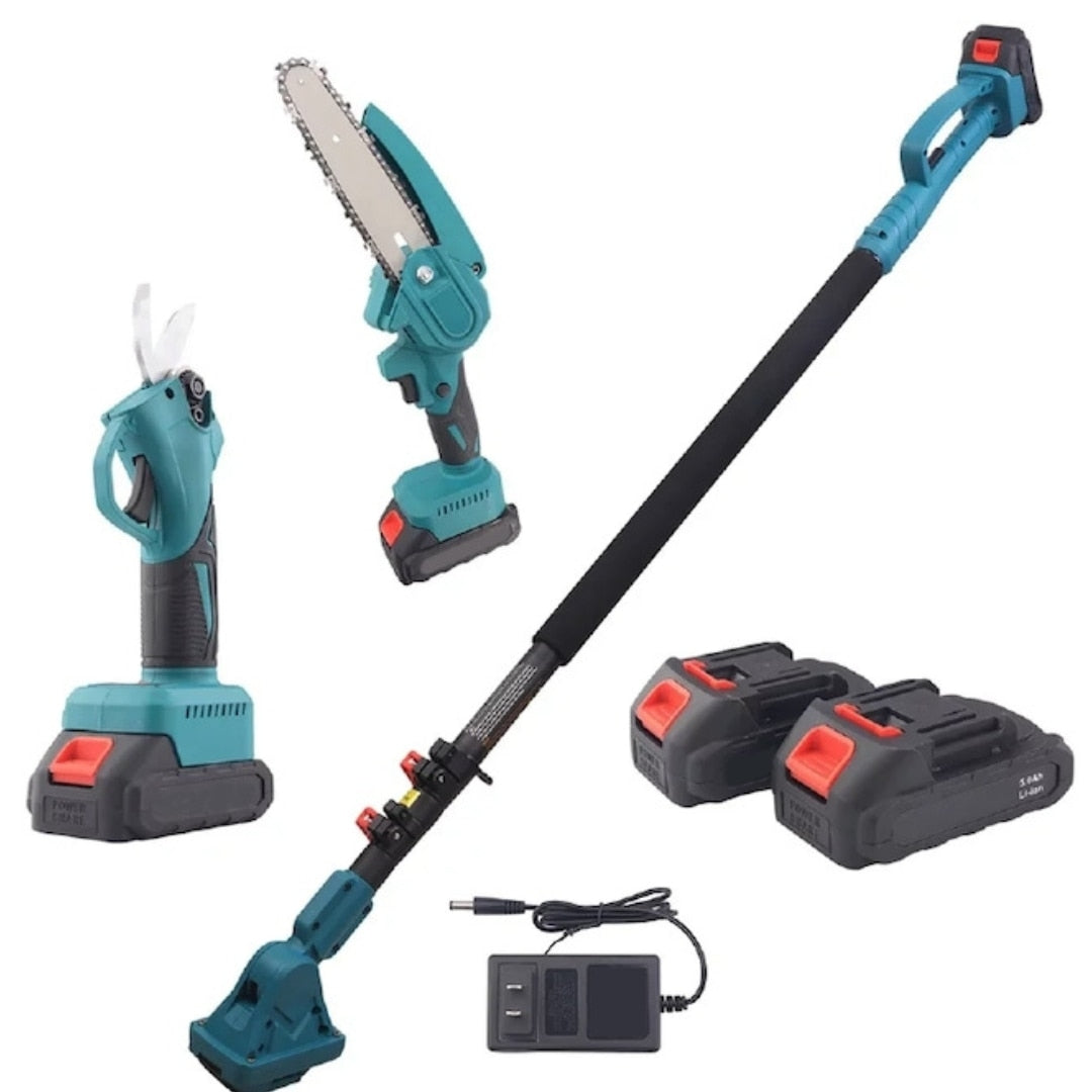 Set Foarfecă Electrică și Mini Drujbă cu Braț Telescopic 195 cm, Acumulator 21V