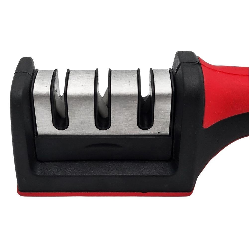 Ascuțitor de Cuțite cu 3 Trepte și Mâner Ergonomic, Negru/Roșu
