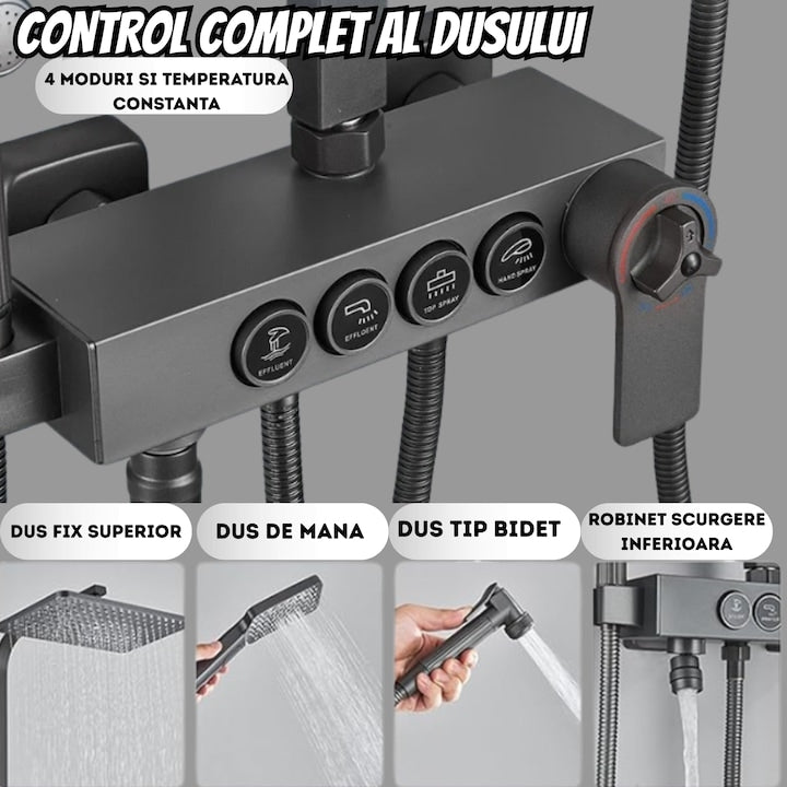 Coloană de Duș cu Termostat, 4 Funcții, Pară Ploaie 20 cm, Bideu și Pipă Cadă, Gun Grey