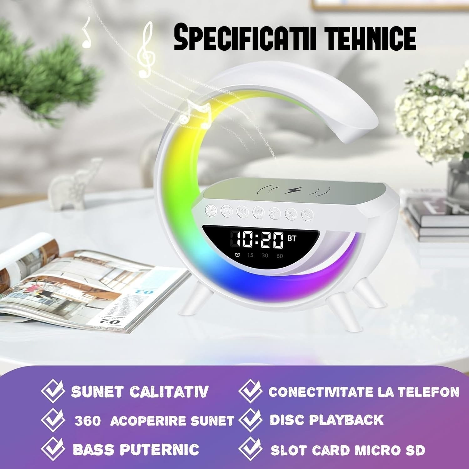 Difuzor Bluetooth cu LED ambient, încărcare wireless și ceas digital BT-3401
