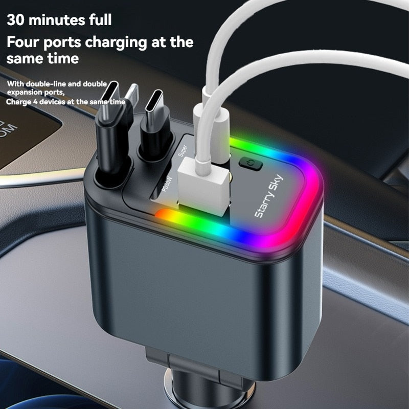 Încărcător Auto 5 în 1 cu Cabluri Retractabile USB-C și Lightning, Porturi USB și Proiector Starlight