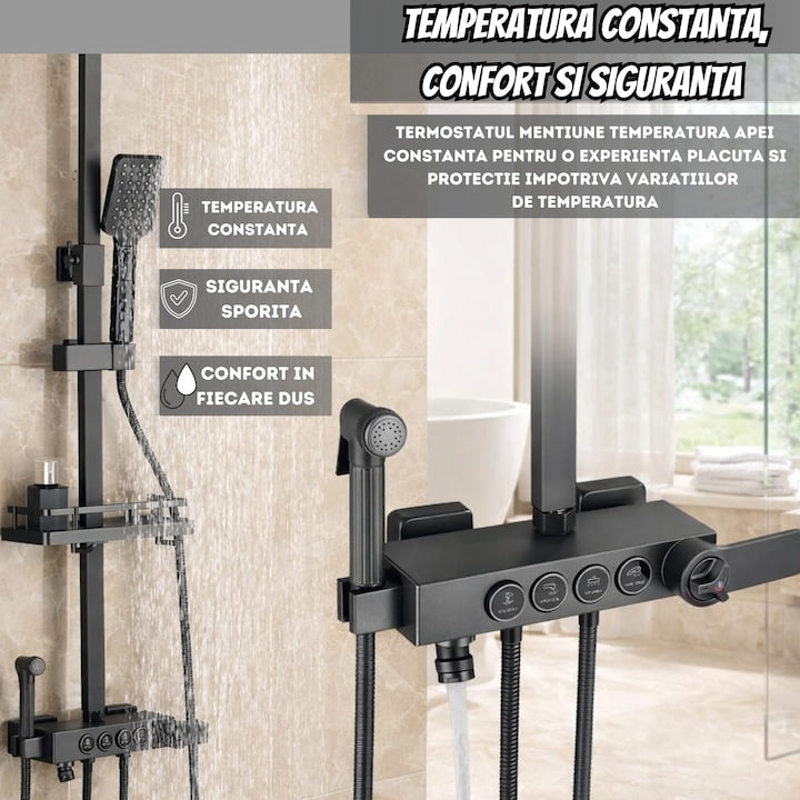Coloană de Duș cu Termostat, 4 Funcții, Pară Ploaie 20 cm, Bideu și Pipă Cadă, Gun Grey