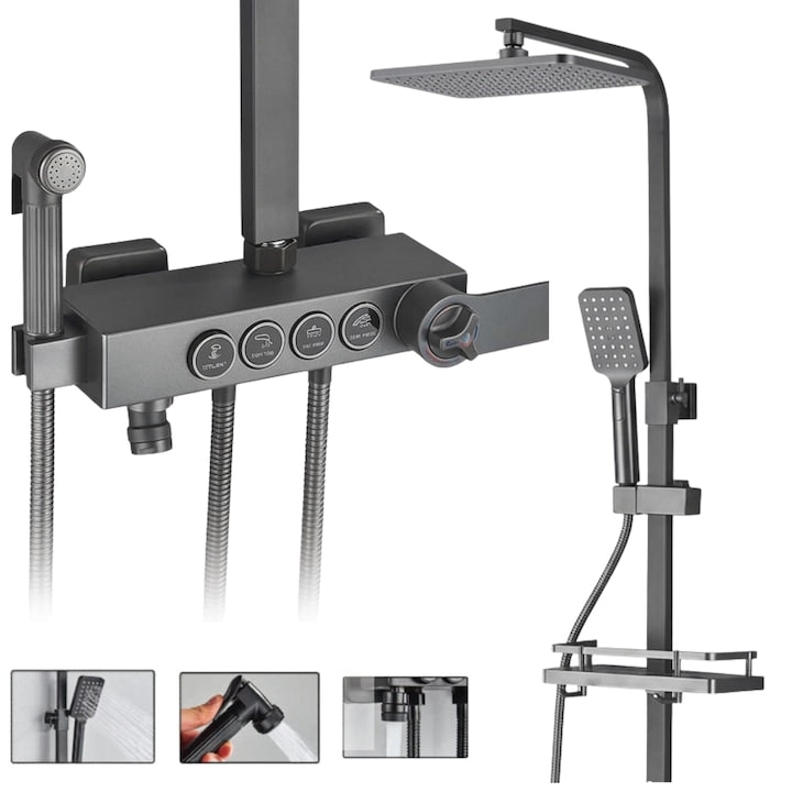 Coloană de Duș cu Termostat, 4 Funcții, Pară Ploaie 20 cm, Bideu și Pipă Cadă, Gun Grey