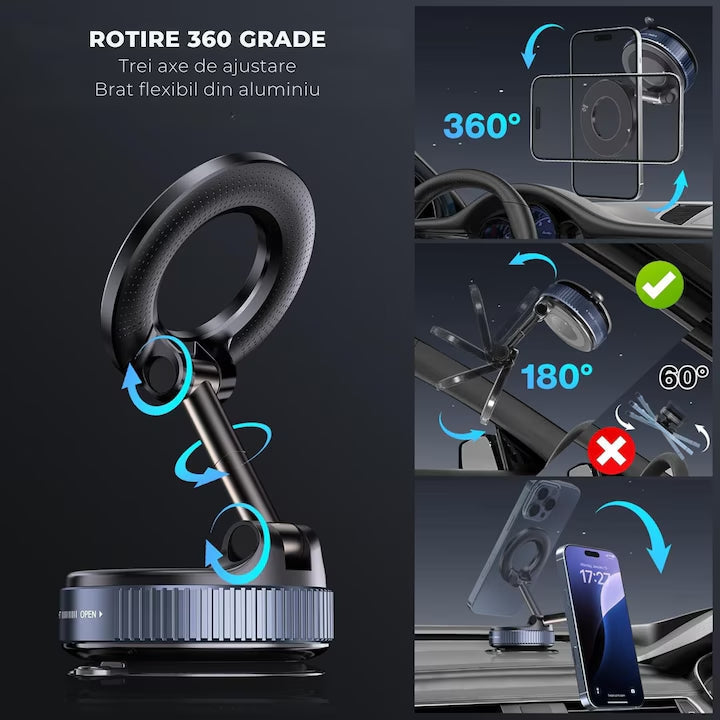 Suport Magnetic Auto Rotativ 360° – Fixare Sigură și Ajustare Rapidă pentru Smartphone-uri
