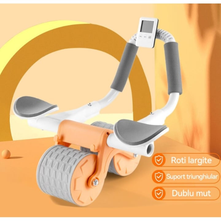 Aparat Fitness pentru Abdomene cu 2 Role și Autorevers, Timer Wireless, Bază Anti-alunecare