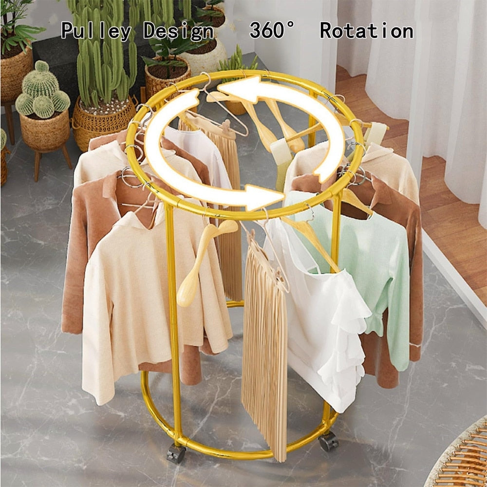 Suport de Haine Rotativ din Metal Auriu, 130 x 75 cm, pentru Dressing și Showroom