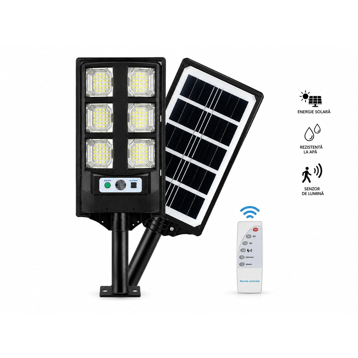 Lampă Solară Stradală cu 6 LED-uri COB, Senzor de Mișcare și Lumină, Telecomandă, IP65