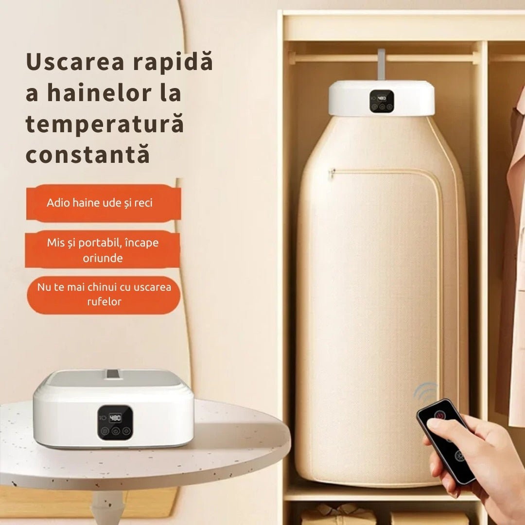 Uscător de rufe electric portabil, 10 kg, cu aer cald 360° și sterilizare UV