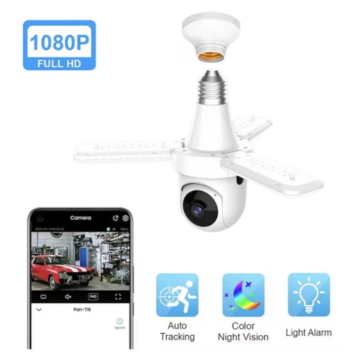 Cameră de Supraveghere Tip Bec Wi-Fi 3MP, Rotire 360°, Montaj în Dulie E27