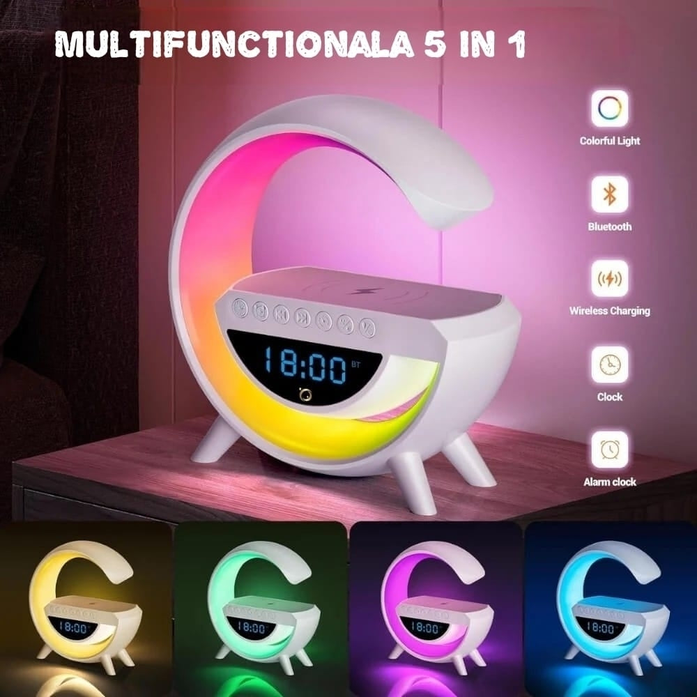Difuzor Bluetooth cu LED ambient, încărcare wireless și ceas digital BT-3401