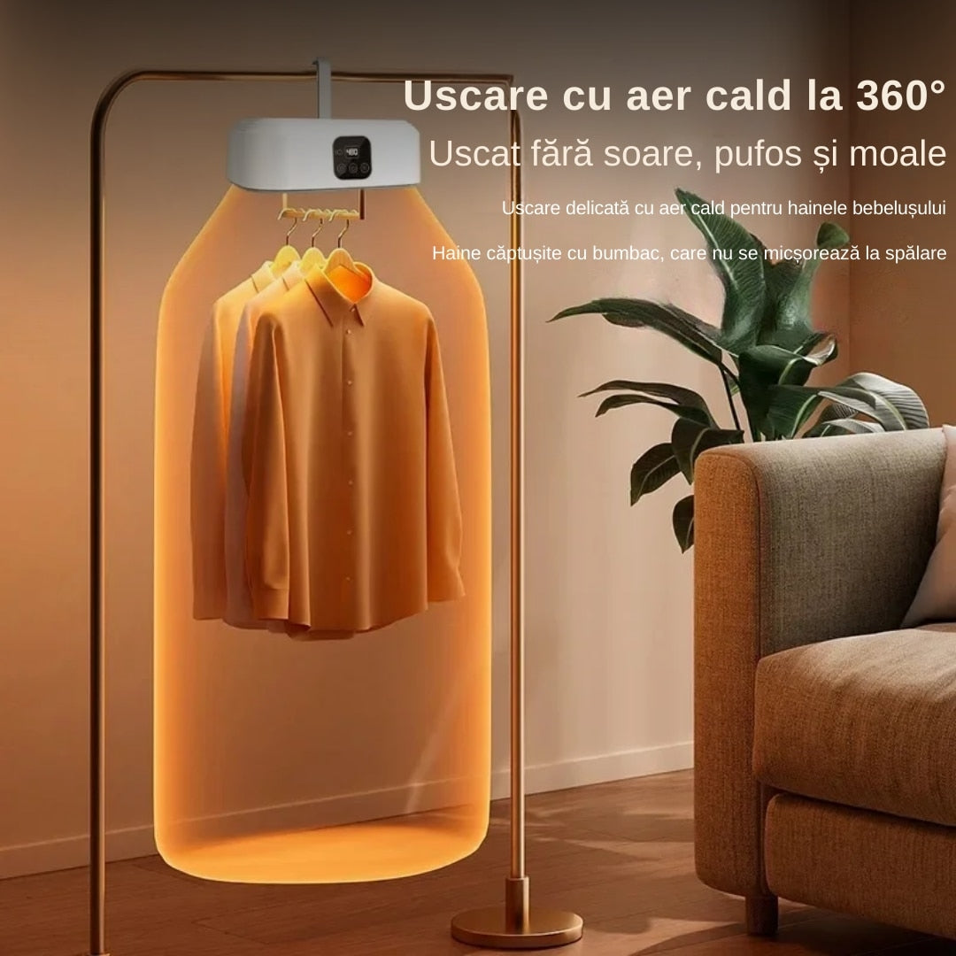 Uscător de rufe electric portabil, 10 kg, cu aer cald 360° și sterilizare UV