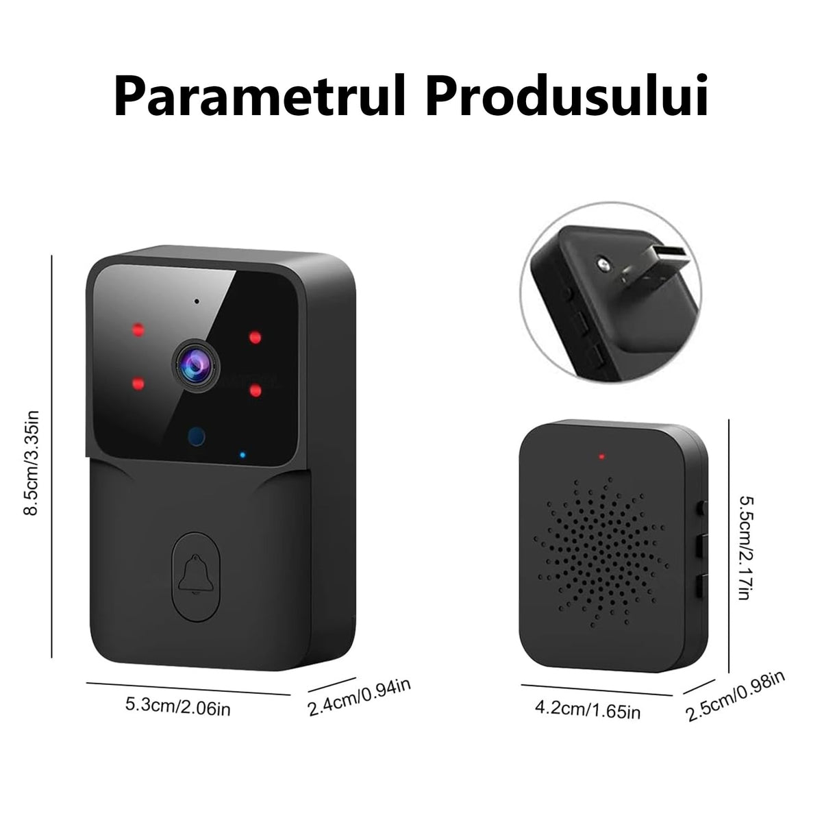 Sonerie Video Wireless Wi-Fi HD cu Aplicație, Vedere Nocturnă și Convorbire Bidirecțională, Neagră