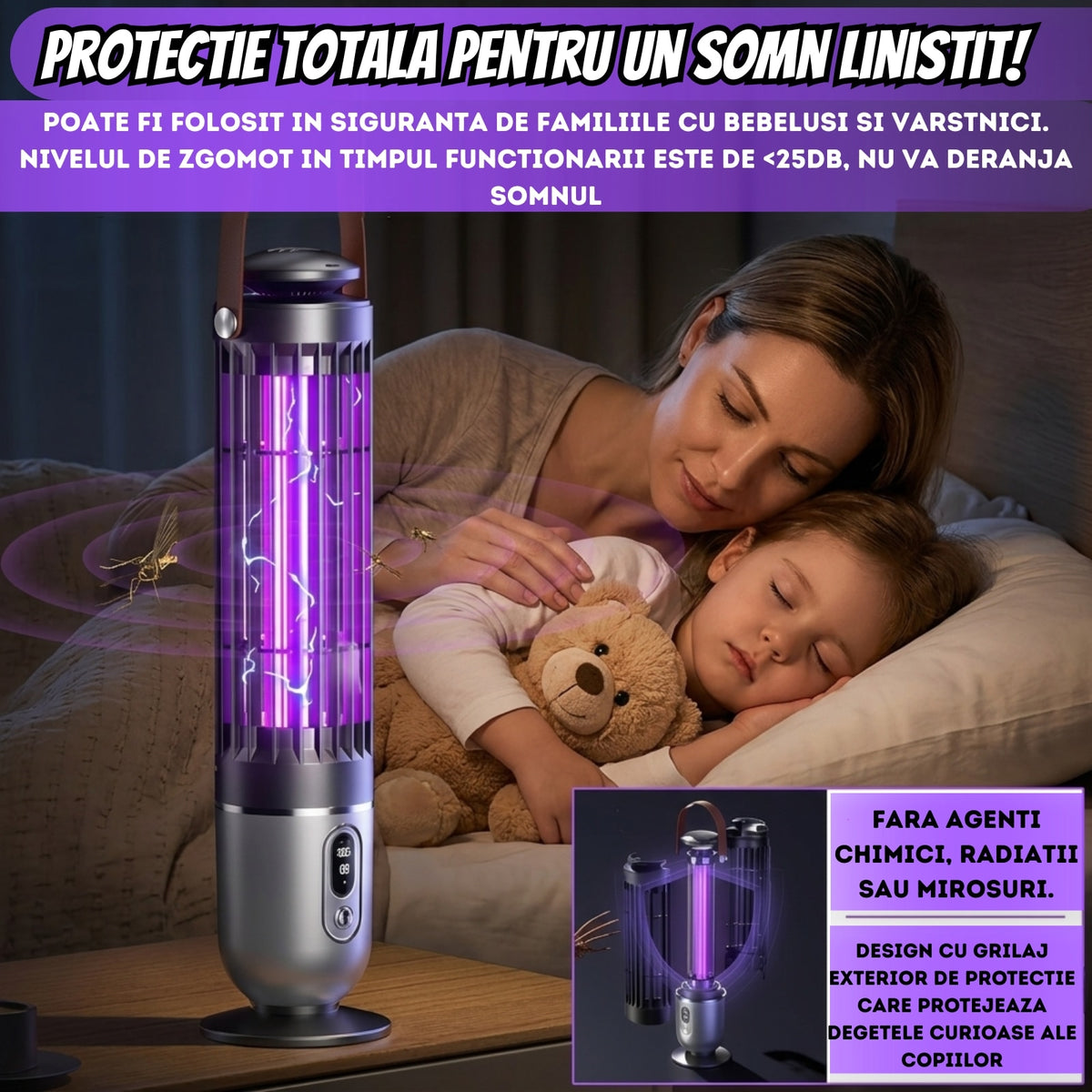 Lampă Anti-Țânțari UV 2 în 1 cu Lumină de Noapte, 20W, Grilă 2000V, Acumulator 4000 mAh