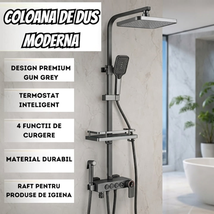 Coloană de Duș cu Termostat, 4 Funcții, Pară Ploaie 20 cm, Bideu și Pipă Cadă, Gun Grey