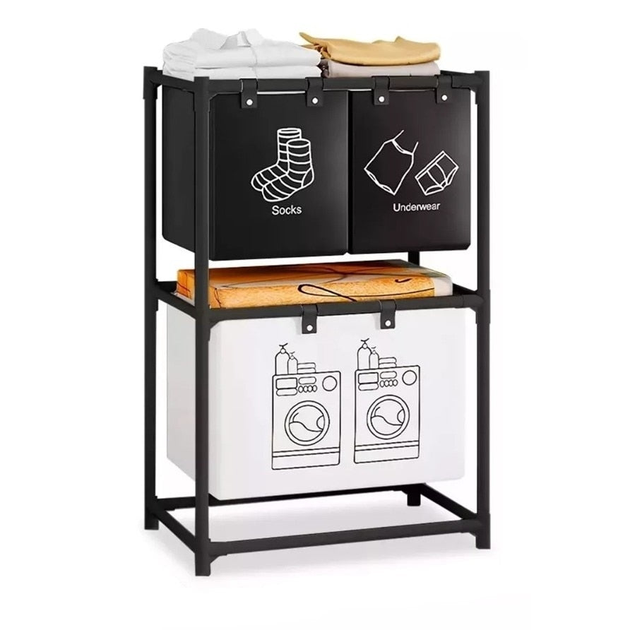 Organizator pentru Rufe Murdare cu 3 Coșuri și 2 Rafturi, Cadru din Inox, Negru