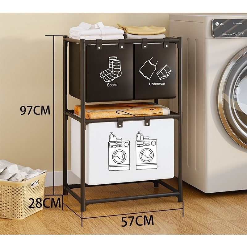 Organizator pentru Rufe Murdare cu 3 Coșuri și 2 Rafturi, Cadru din Inox, Negru