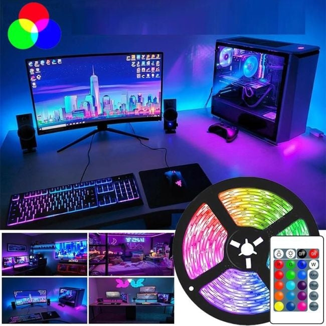 Rola Banda LED Multicolora RGB, SMD3528, impermeabila, cu telecomanda si adaptor alimentare, 5M
