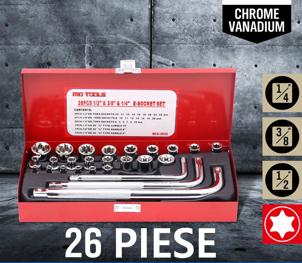 Trusa set chei tubulare cu antrenor tip L 1/4, 1/2, 3/8, 26 piese