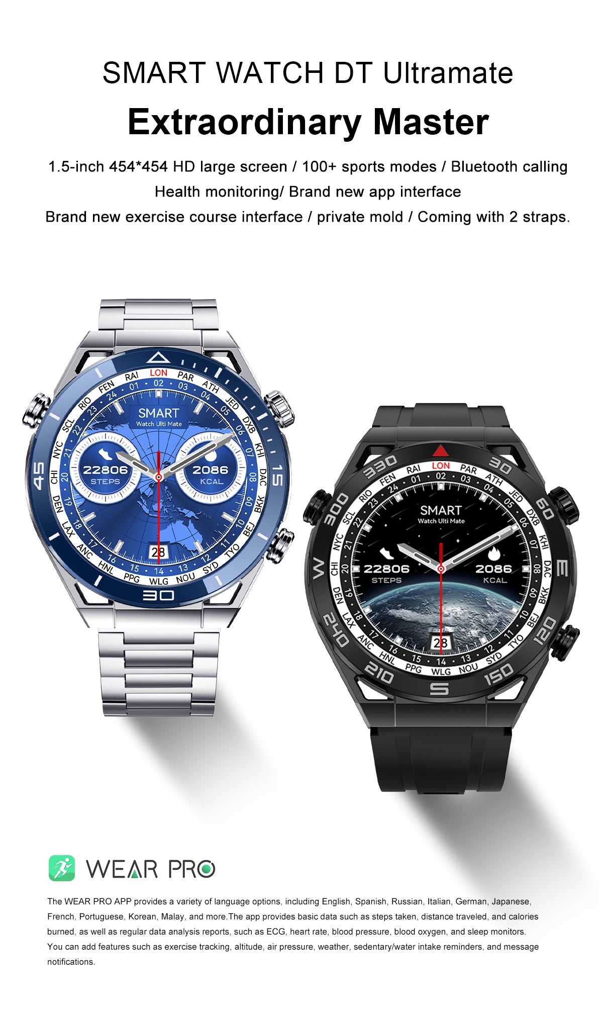 Ceas Smart Watch SK4 pentru barbati, display 1.5 Inch HD, functie Bluetooth, NFC, IP68 Waterproof cu 2 curele