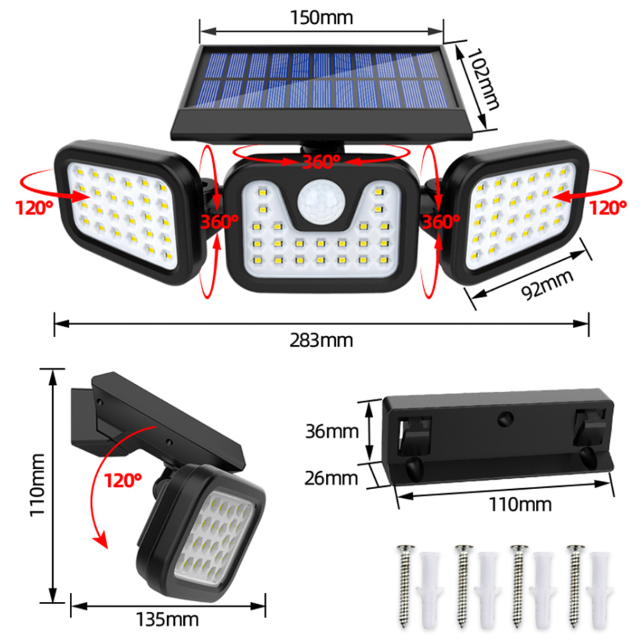 Lampă LED Exterior cu Senzor de Mișcare, 74 LED-uri, 3 Capete Reglabile, Senzor Amurg