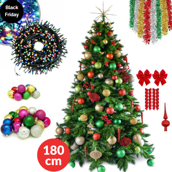 Pachet complet Craciun! Brad Artificial De Craciun 180 Cm + Decoratiuni multiple + Luminite